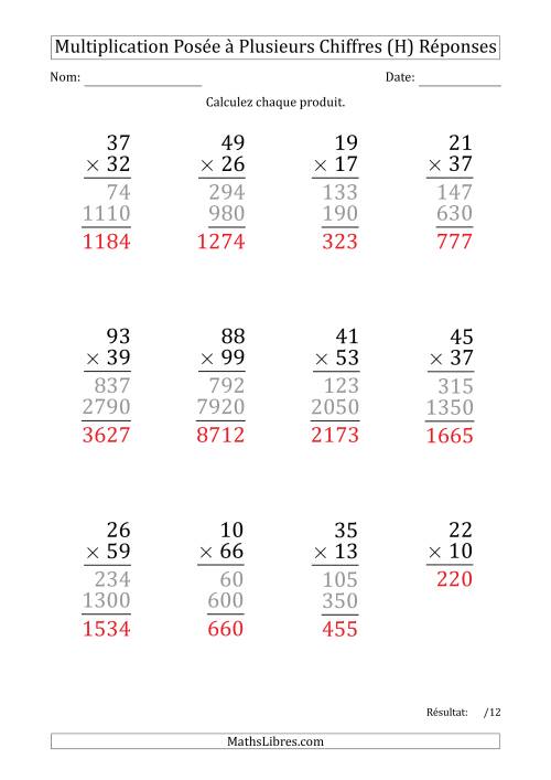 Multiplication d'un Nombre à 2 Chiffres par un Nombre à 2 Chiffres (Gros Caractère) (H) page 2