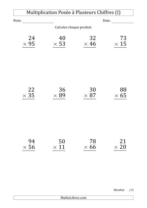 Multiplication d'un Nombre à 2 Chiffres par un Nombre à 2 Chiffres (Gros Caractère) (I)