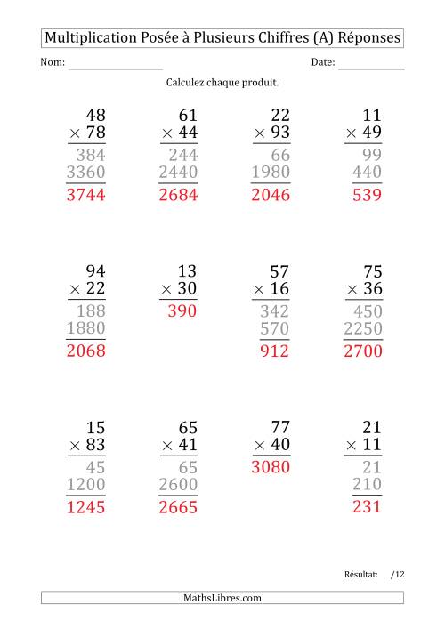 Multiplication d'un Nombre à 2 Chiffres par un Nombre à 2 Chiffres (Gros Caractère) (Tout) page 2
