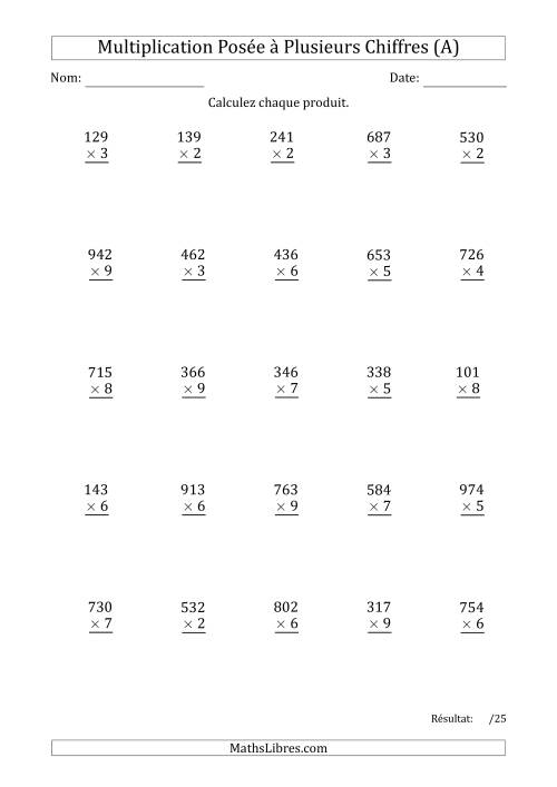 Multiplication d'un Nombre à 3 Chiffres par un Nombre à 1 Chiffre (A)