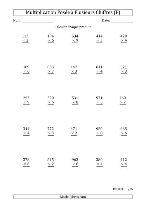Multiplication d'un Nombre à 3 Chiffres par un Nombre à 1 Chiffre (F)
