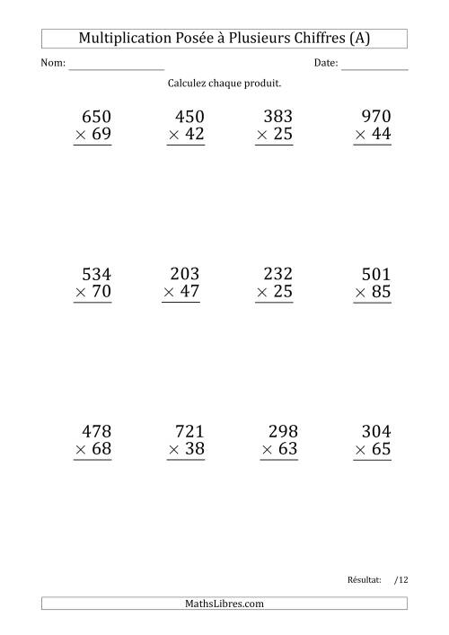 Multiplication d'un Nombre à 3 Chiffres par un Nombre à 2 Chiffres (Gros Caractère) (A)