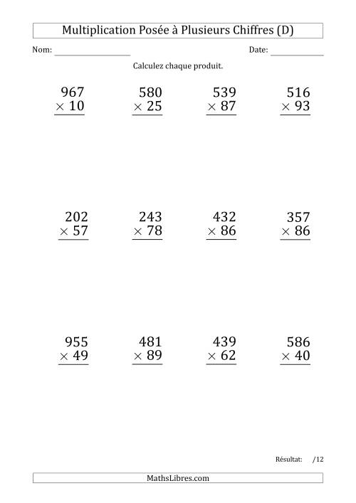 Multiplication d'un Nombre à 3 Chiffres par un Nombre à 2 Chiffres (Gros Caractère) (D)