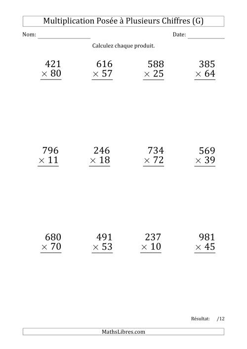 Multiplication d'un Nombre à 3 Chiffres par un Nombre à 2 Chiffres (Gros Caractère) (G)