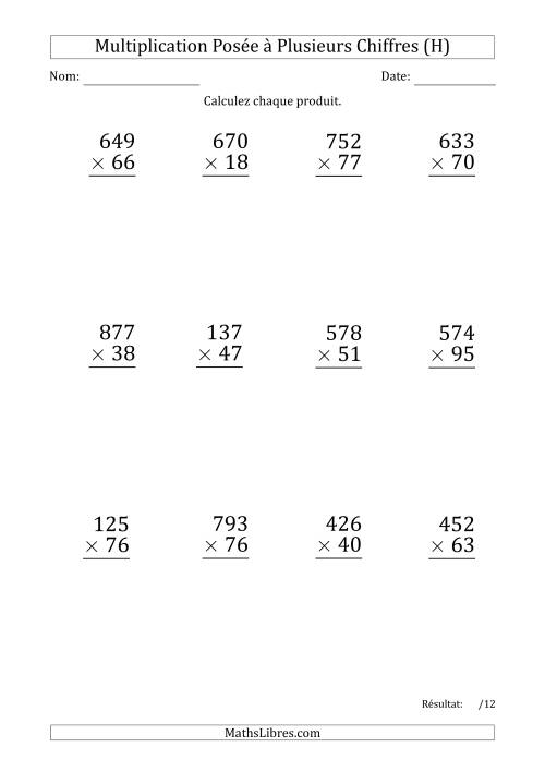 Multiplication d'un Nombre à 3 Chiffres par un Nombre à 2 Chiffres (Gros Caractère) (H)