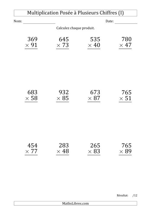 Multiplication d'un Nombre à 3 Chiffres par un Nombre à 2 Chiffres (Gros Caractère) (I)