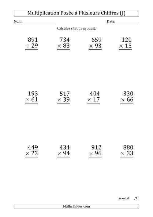 Multiplication d'un Nombre à 3 Chiffres par un Nombre à 2 Chiffres (Gros Caractère) (J)