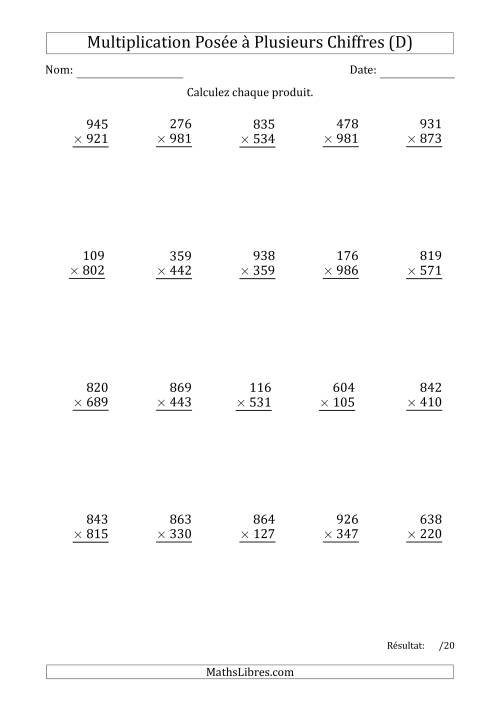 Multiplication d'un Nombre à 3 Chiffres par un Nombre à 3 Chiffres (D)