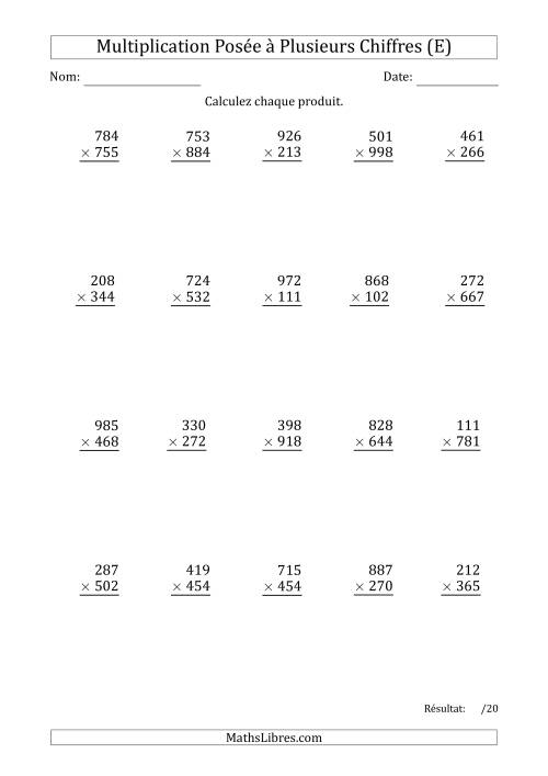 Multiplication d'un Nombre à 3 Chiffres par un Nombre à 3 Chiffres (E)
