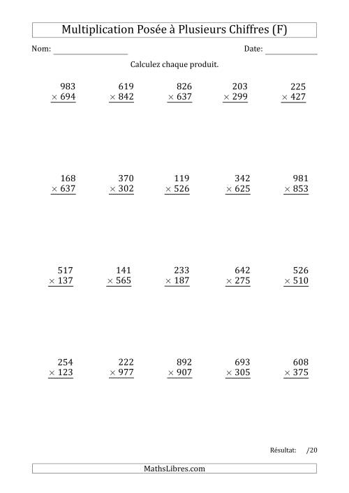 Multiplication d'un Nombre à 3 Chiffres par un Nombre à 3 Chiffres (F)
