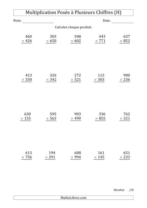 Multiplication d'un Nombre à 3 Chiffres par un Nombre à 3 Chiffres (H)