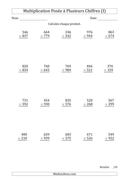 Multiplication d'un Nombre à 3 Chiffres par un Nombre à 3 Chiffres (I)