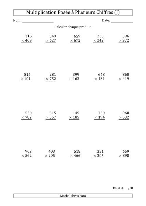 Multiplication d'un Nombre à 3 Chiffres par un Nombre à 3 Chiffres (J)