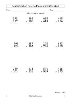 Multiplication d'un Nombre à 3 Chiffres par un Nombre à 3 Chiffres (Gros Caractère)