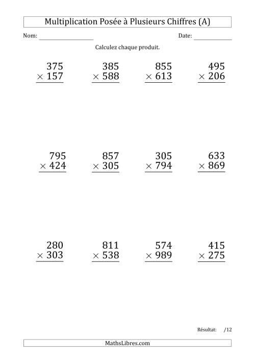 Multiplication d'un Nombre à 3 Chiffres par un Nombre à 3 Chiffres (Gros Caractère) (A)