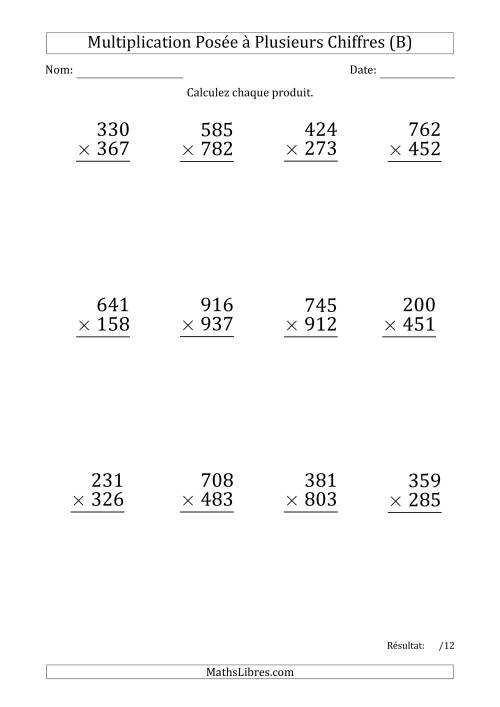 Multiplication d'un Nombre à 3 Chiffres par un Nombre à 3 Chiffres (Gros Caractère) (B)