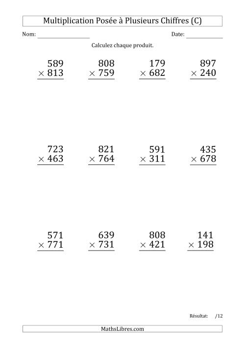Multiplication d'un Nombre à 3 Chiffres par un Nombre à 3 Chiffres (Gros Caractère) (C)