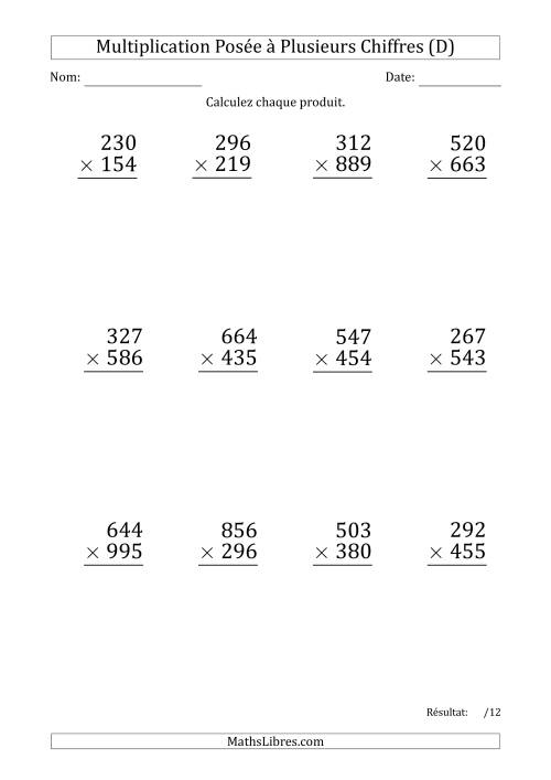 Multiplication d'un Nombre à 3 Chiffres par un Nombre à 3 Chiffres (Gros Caractère) (D)