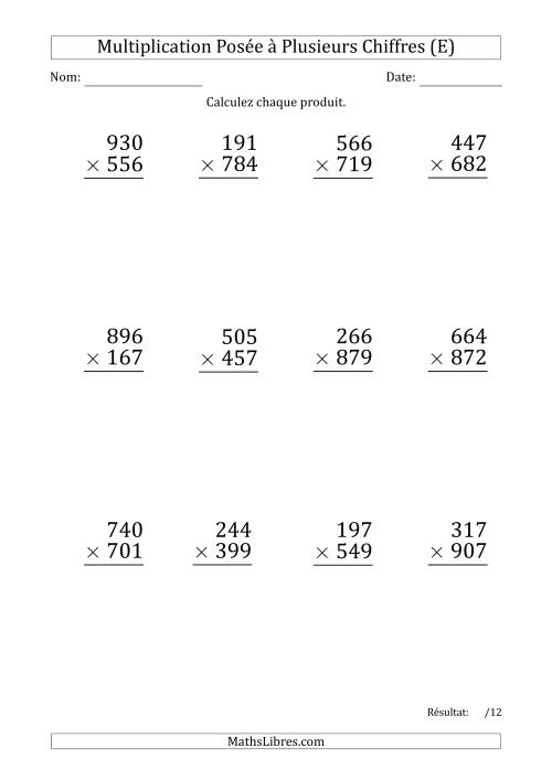 Multiplication d'un Nombre à 3 Chiffres par un Nombre à 3 Chiffres (Gros Caractère) (E)