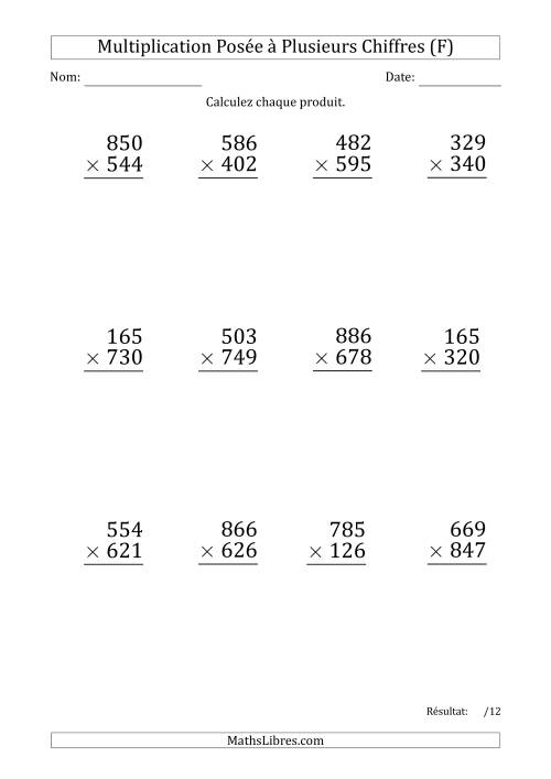 Multiplication d'un Nombre à 3 Chiffres par un Nombre à 3 Chiffres (Gros Caractère) (F)