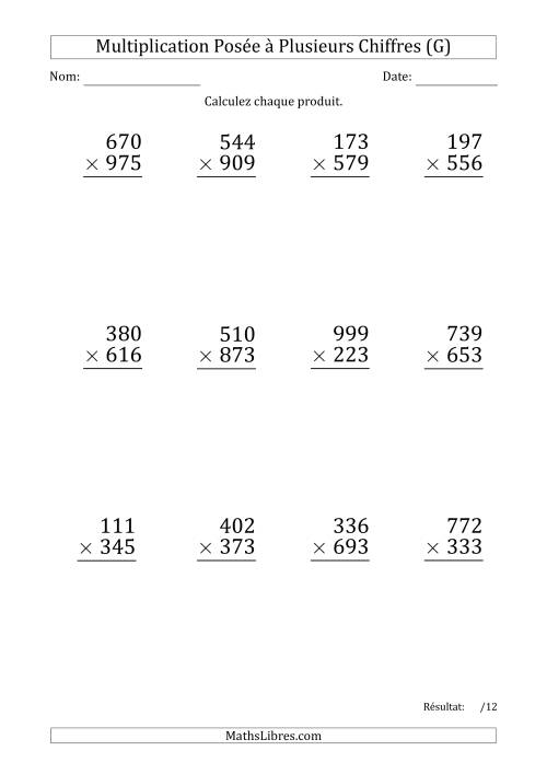 Multiplication d'un Nombre à 3 Chiffres par un Nombre à 3 Chiffres (Gros Caractère) (G)