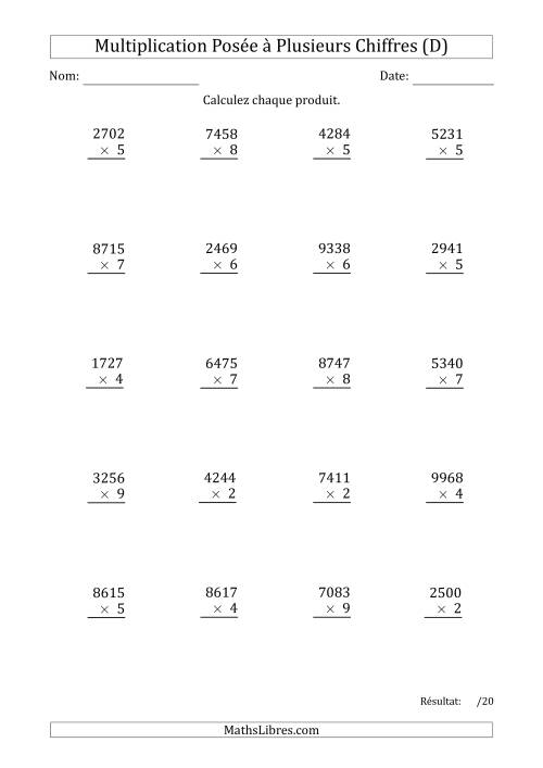 Multiplication d'un Nombre à 4 Chiffres par un Nombre à 1 Chiffre (D)