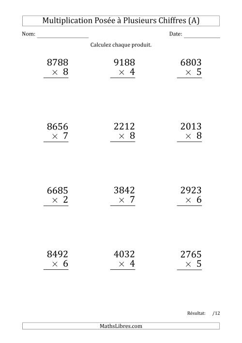 Multiplication d'un Nombre à 4 Chiffres par un Nombre à 1 Chiffre (Gros Caractère) (A)