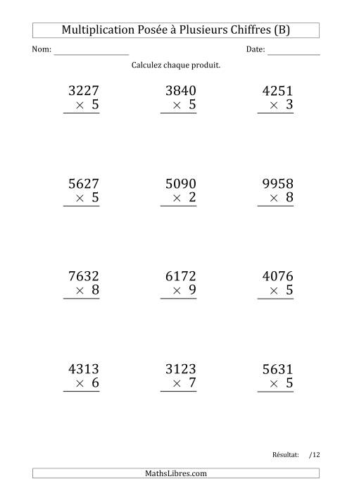 Multiplication d'un Nombre à 4 Chiffres par un Nombre à 1 Chiffre (Gros Caractère) (B)