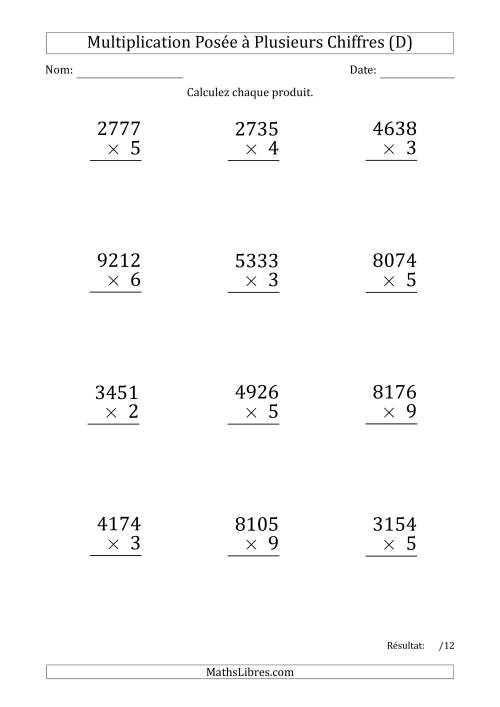 Multiplication d'un Nombre à 4 Chiffres par un Nombre à 1 Chiffre (Gros Caractère) (D)