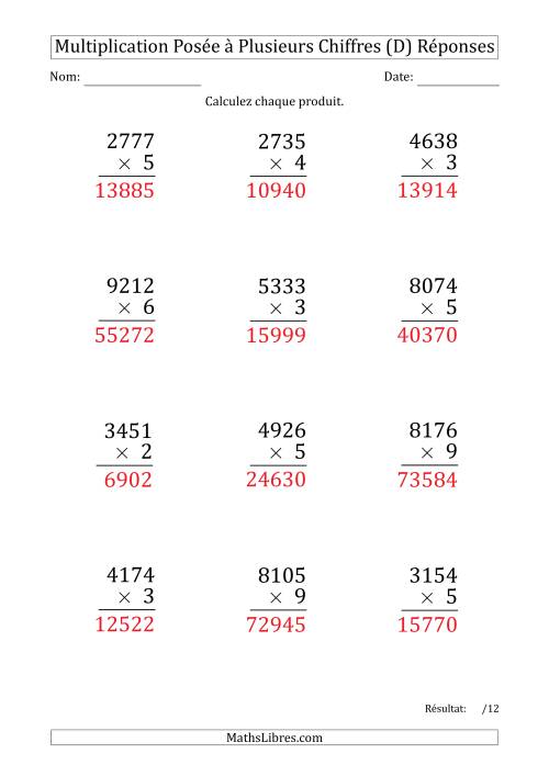Multiplication d'un Nombre à 4 Chiffres par un Nombre à 1 Chiffre (Gros Caractère) (D) page 2