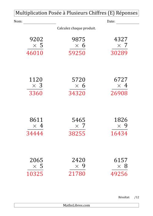 Multiplication d'un Nombre à 4 Chiffres par un Nombre à 1 Chiffre (Gros Caractère) (E) page 2