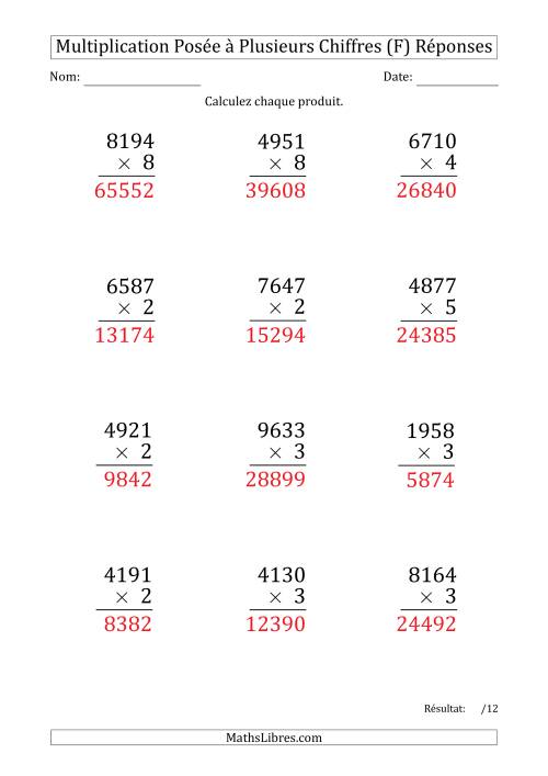 Multiplication d'un Nombre à 4 Chiffres par un Nombre à 1 Chiffre (Gros Caractère) (F) page 2