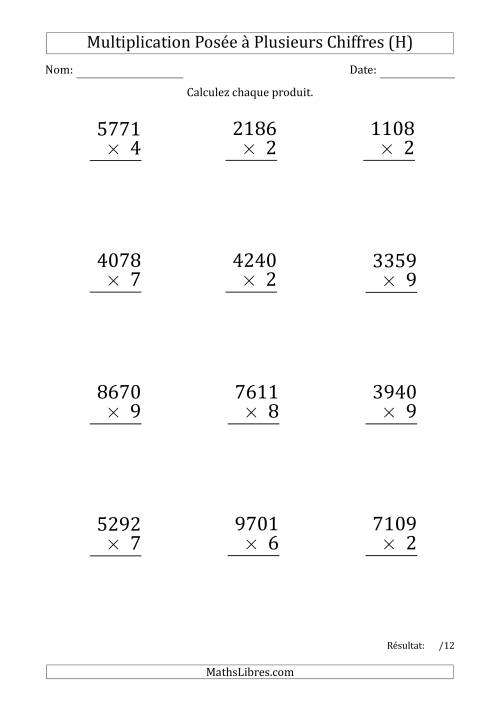 Multiplication d'un Nombre à 4 Chiffres par un Nombre à 1 Chiffre (Gros Caractère) (H)