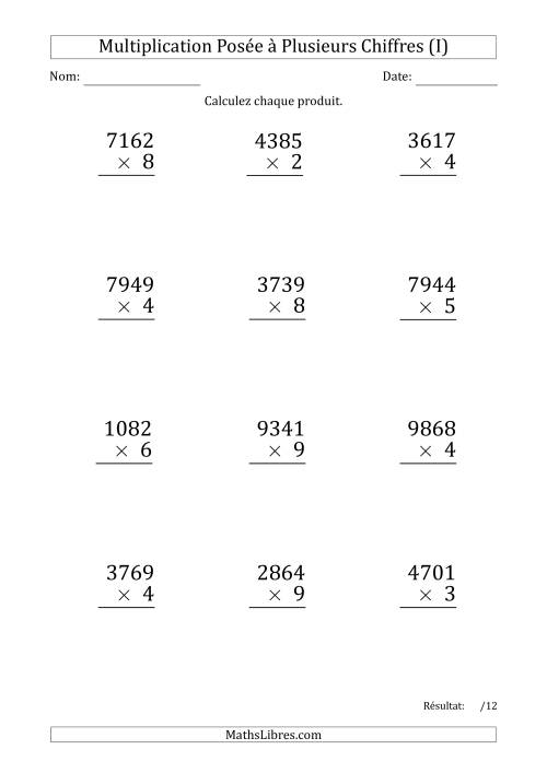 Multiplication d'un Nombre à 4 Chiffres par un Nombre à 1 Chiffre (Gros Caractère) (I)