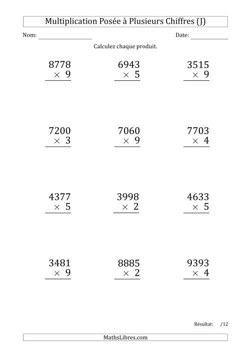 Multiplication d'un Nombre à 4 Chiffres par un Nombre à 1 Chiffre (Gros Caractère) (J)