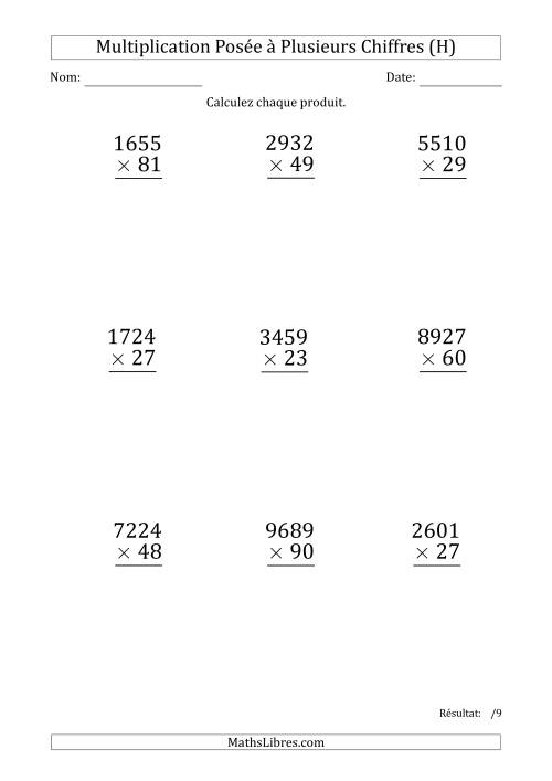 Multiplication d'un Nombre à 4 Chiffres par un Nombre à 2 Chiffres (Gros Caractère) (H)