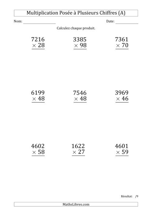 Multiplication d'un Nombre à 4 Chiffres par un Nombre à 2 Chiffres (Gros Caractère) (Tout)