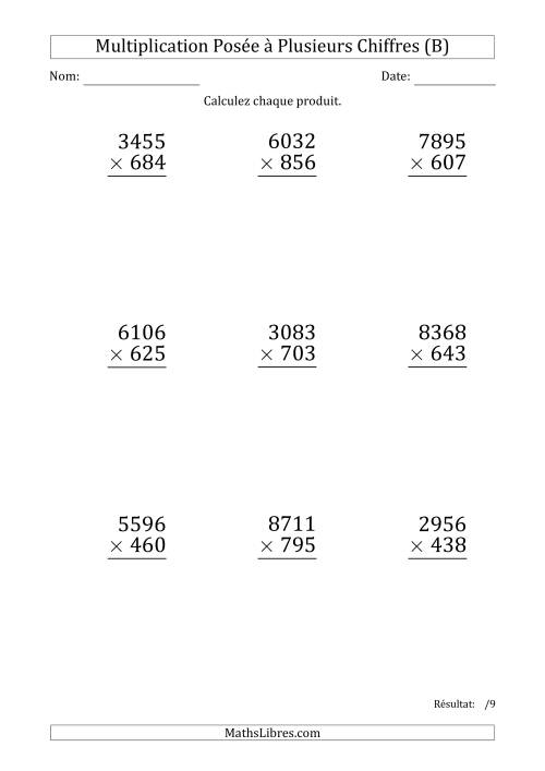 Multiplication d'un Nombre à 4 Chiffres par un Nombre à 3 Chiffres (Gros Caractère) (B)