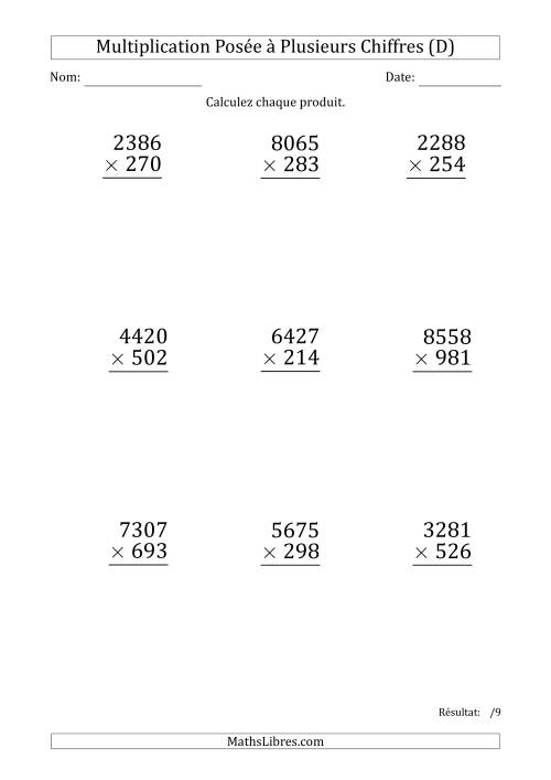 Multiplication d'un Nombre à 4 Chiffres par un Nombre à 3 Chiffres (Gros Caractère) (D)