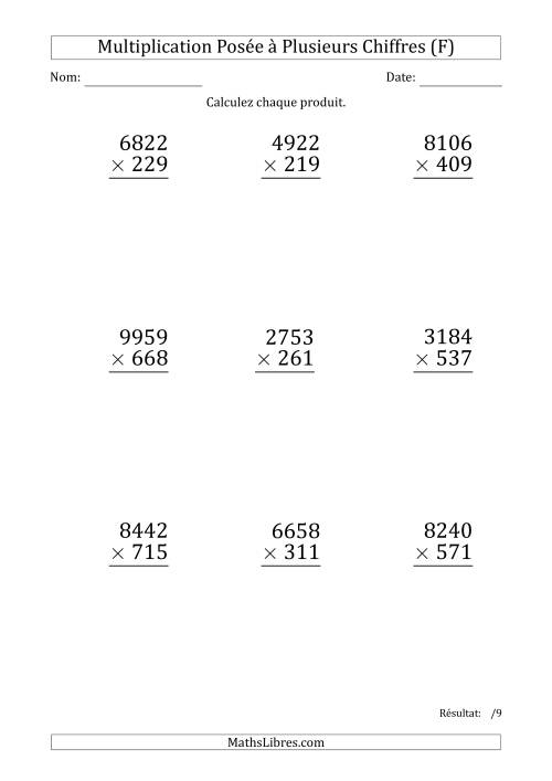 Multiplication d'un Nombre à 4 Chiffres par un Nombre à 3 Chiffres (Gros Caractère) (F)