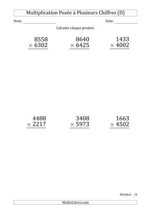 Multiplication d'un Nombre à 4 Chiffres par un Nombre à 4 Chiffres (Gros Caractère) (D)