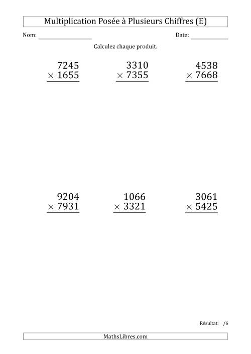 Multiplication d'un Nombre à 4 Chiffres par un Nombre à 4 Chiffres (Gros Caractère) (E)