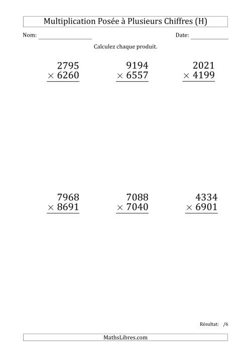 Multiplication d'un Nombre à 4 Chiffres par un Nombre à 4 Chiffres (Gros Caractère) (H)