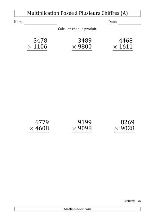 Multiplication d'un Nombre à 4 Chiffres par un Nombre à 4 Chiffres (Gros Caractère) (Tout)