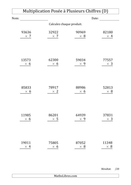 Multiplication d'un Nombre à 5 Chiffres par un Nombre à 1 Chiffre (D)