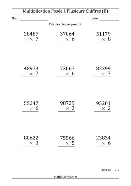 Multiplication d'un Nombre à 5 Chiffres par un Nombre à 1 Chiffre (Gros Caractère) (B)