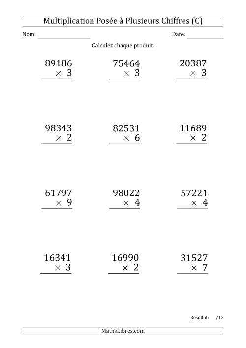 Multiplication d'un Nombre à 5 Chiffres par un Nombre à 1 Chiffre (Gros Caractère) (C)