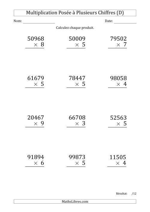 Multiplication d'un Nombre à 5 Chiffres par un Nombre à 1 Chiffre (Gros Caractère) (D)
