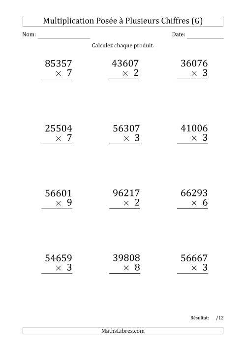 Multiplication d'un Nombre à 5 Chiffres par un Nombre à 1 Chiffre (Gros Caractère) (G)
