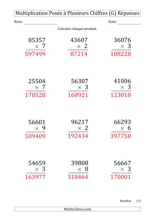 Multiplication d'un Nombre à 5 Chiffres par un Nombre à 1 Chiffre (Gros Caractère) (G) page 2